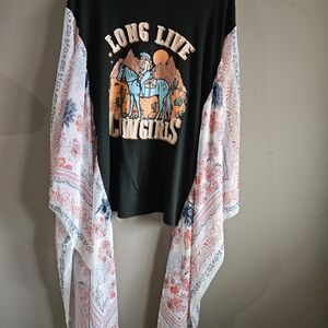 Long Live Cowgirls Graphic Top with Floral Kimono Sleeves